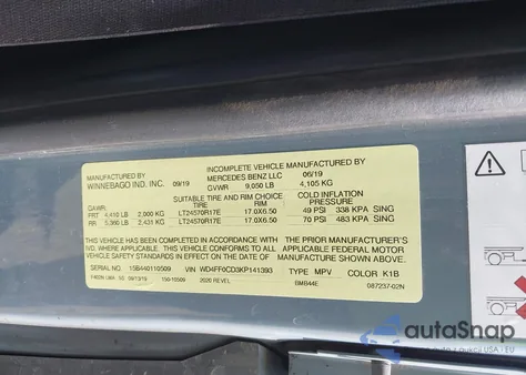 2019 Mercedes-Benz Sprinter 2500 High Roof V6/Standard Roof V6 from USA, damaged, VIN WD4FF0CD3KP141393